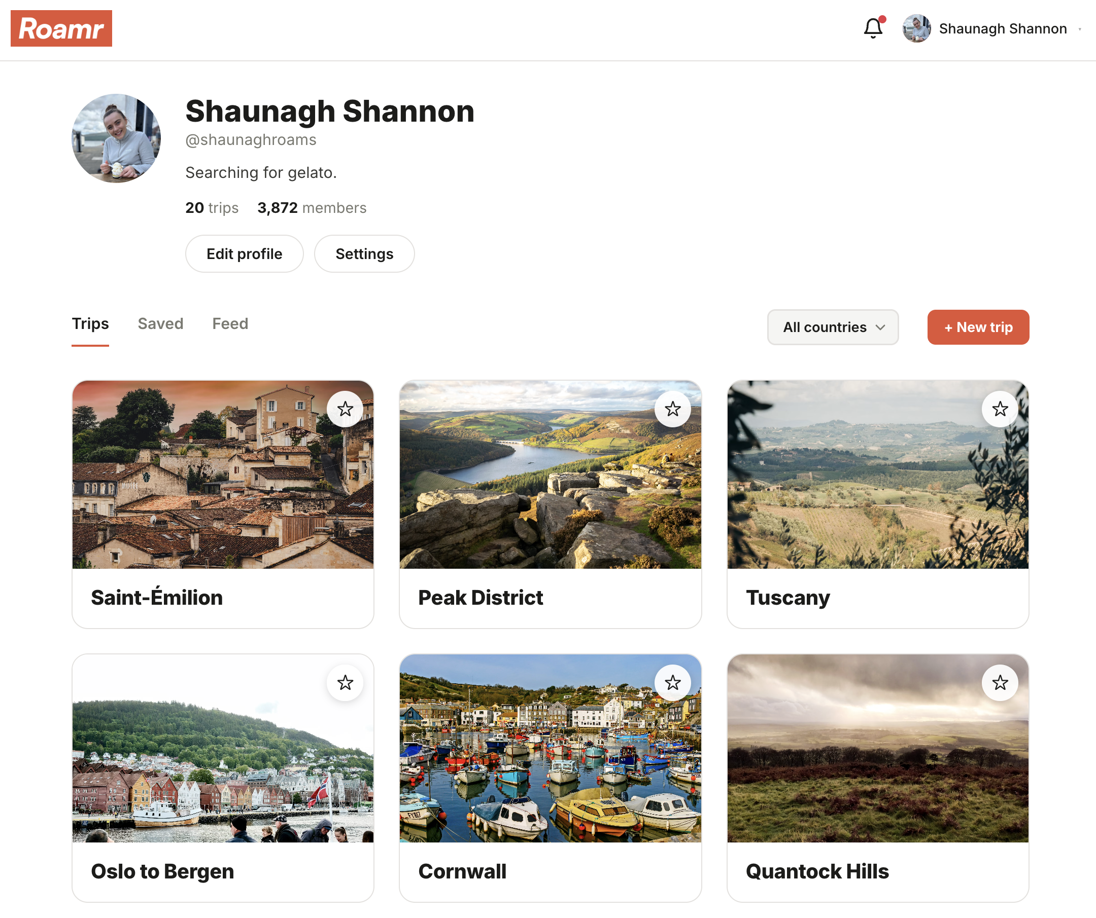 A creator's Roamr trips page showing their trip grid, member count, and Feed tab